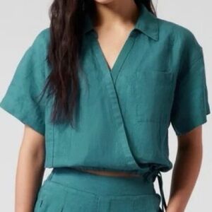Athleta Playa Tie Front Linen Crop Top Teal Blue XXS
